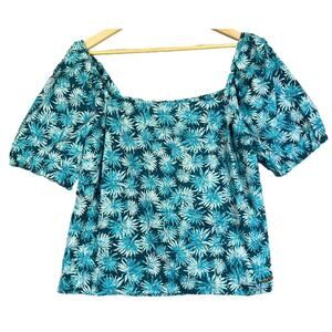 Michael Kors Peasant Blouse Large Teal Gold Floral Puff Sleeve Sheer Cotton NEW